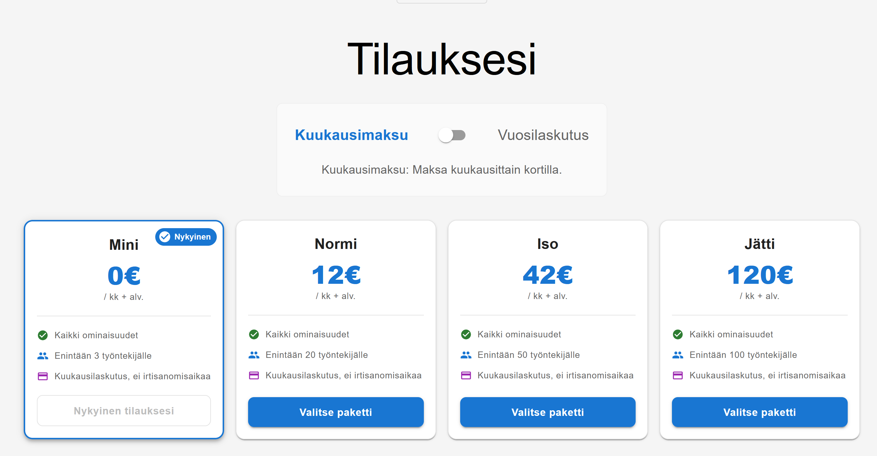 Vuosilaskutuksen ja kuukausilaskutuksen valinta Työvuorolista-sovelluksessa.